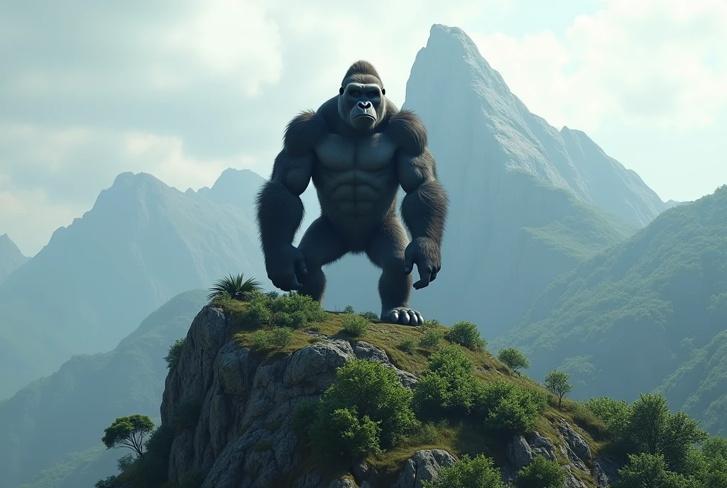 Create a stunning, hyper-realistic, AI-generated artwork of a gorilla in its natural habitat, positioned at the top of a mountain range. The gorilla should be depicted in a commanding and majestic pose, showcasing its powerful build and expressive features.

The scene should feature multiple mountains in the background, creating a dramatic and expansive landscape. The sky should be overcast with clouds, adding a sense of atmosphere and depth to the scene. The surrounding vegetation should be lush and green, reflecting a rich, verdant environment.

Include details such as the gorilla’s textured fur, the rugged terrain of the mountain, and the dense foliage. The lighting should be soft and diffused, reflecting the cloudy sky and emphasizing the gorilla’s presence amidst the mountainous backdrop.

The style should be hyper-realistic yet artistic, focusing on the gorilla’s imposing stature and the natural beauty of its mountainous habitat. The final artwork should be high-resolution and visually striking, capturing the grandeur and serenity of the gorilla in its elevated, natural setting.