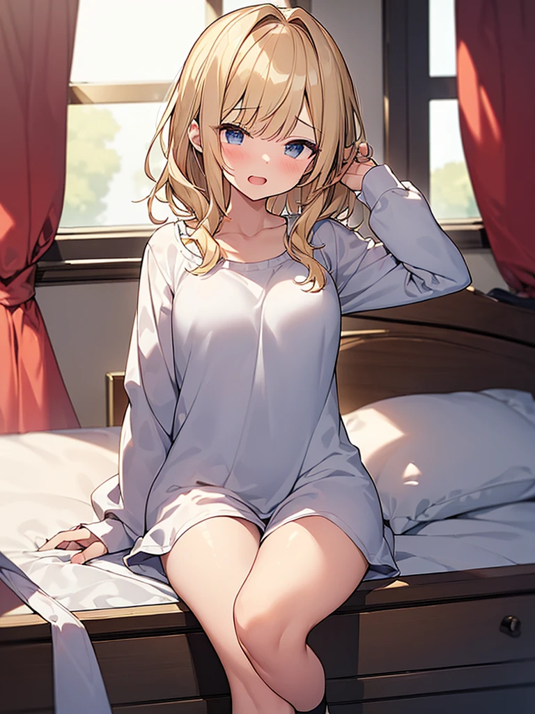 (Masterpiece, Top quality:1.5), full body, (1 beautiful girl, solo:1.2), (short height:1.3), (Long Sleeve Nightshirt with Ankle Socks:1.3), Blonde hair:1.1, medium Hair, wavy Hair, asymmetry bangs, swept bangs, airy hair, large breasts:1.4, (sleepy-eyed:1.3), blush:1.2, beautiful scene of bedroom, magnificent panorama view, blurry background, open mouth, dynamic pose, dynamic angle