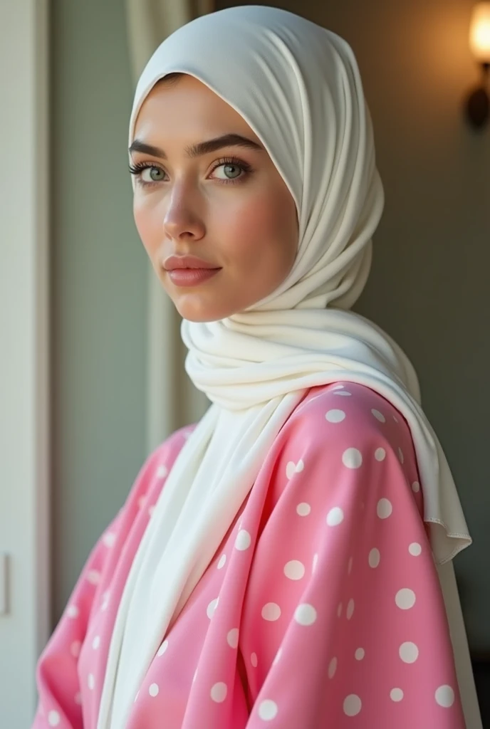 white hijab, wearing pink clothes with white spots, not wearing a bra,