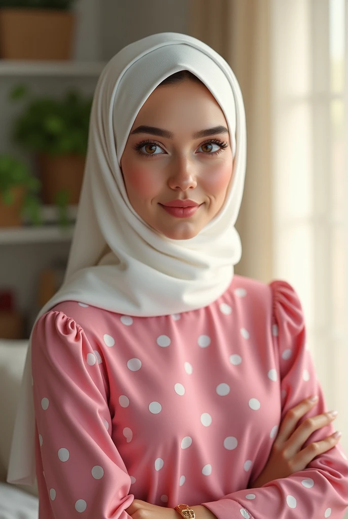 white hijab, wearing pink clothes with white spots, not wearing a bra,