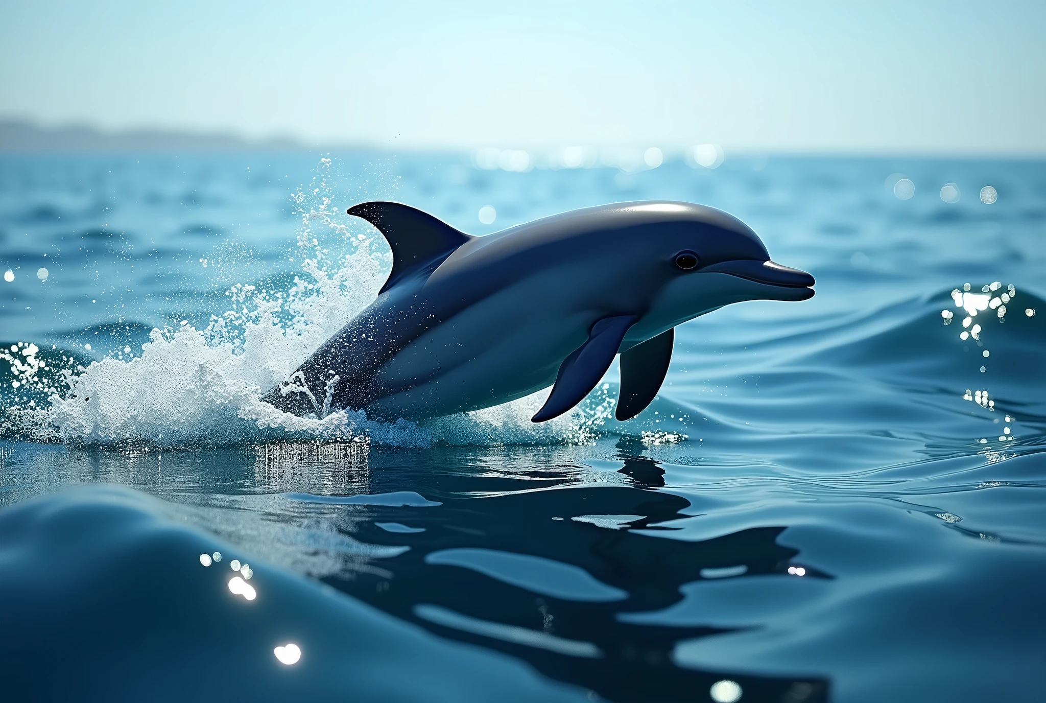 Create a captivating, hyper-realistic, AI-generated artwork of a dolphin swimming in the middle of the ocean, viewed from the surface. The dolphin should be depicted gracefully gliding through the water, with its sleek body partially above the surface and its dorsal fin cutting through the ocean.
The scene should capture the vast expanse of the ocean and the dynamic movement of the dolphin. Include details such as the glistening water, the splash created by the dolphin's movement, and the gentle ripples spreading outward. The background should feature the deep blue of the ocean and the lighter hues reflecting the sunlight.
Use natural, vibrant colors to depict the dolphin and its surroundings, highlighting the contrast between the dolphin’s smooth, gray skin and the shimmering surface of the water. The lighting should emphasize the dolphin’s form and the texture of the water, creating a sense of depth and clarity.
The style should be hyper-realistic yet artistic, focusing on the dolphin’s elegant movement and the serene beauty of its ocean environment. The final artwork should be high-resolution and visually striking, capturing the grace and majesty of the dolphin in its natural marine habitat.