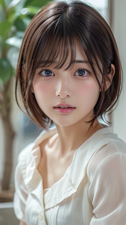 (8k, Photorealistic, RAW Photos, Best image quality: 1.4), Japanese girl、Short Bob、Super detailed face、Eye on the details、double eyelid、Sharp focus:1.2、Beautiful woman:1.4、Light brown hair、Highest quality、masterpiece、Ultra-high resolution、(Photorealistic:1.4)、Highly detailed and professionally lit smiles、camisole、blush、Open your mouth a little、Watery eye、amount