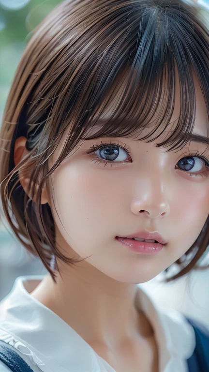 (8k, Photorealistic, RAW Photos, Best image quality: 1.4), Japanese schoolgirl、Short Bob、Super detailed face、Eye on the details、double eyelid、Sharp focus:1.2、Beautiful woman:1.4、Light brown hair、Highest quality、masterpiece、Ultra-high resolution、(Photorealistic:1.4)、Highly detailed and professionally lit smiles、camisole、blush、Open your mouth a little、Watery eye、amount