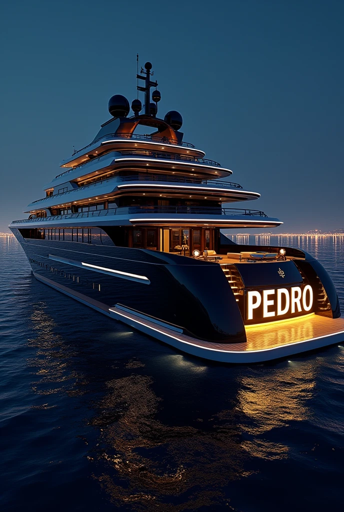A biger super yacht in black,navy blue and white having the world Pedro in big letters yellow LED lighting at the back popping out 3d in the night