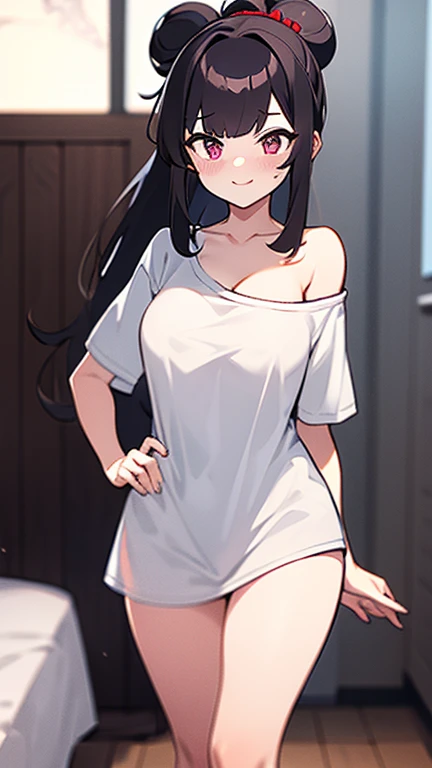 High tail hairstyle, ponytail hairstyle, Ponytail hairstyle,white hair, Long wavy black hair, standing posando, anime girl style, pixel art anime style,penetrating look with deep eyes,red and purple eyes, hair with a ponytail hairstyle trapped with a big red bun, women, red hair clips, x color shaped hair clips , smiling face blush, next to his bed, Black hair, thighs grandes, NSFW, from below, neckline, looking at the viewer, lascivious smile, ((oversized t-shirt)), off the shoulders, without pants, washing machines, thighs, ((White T-shirt)), standing, hands on the hips,Hair down to the back, thighs grande, big
