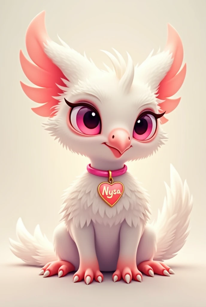 I want you to create a picture of a  albino eagle-beaked griffin with pink Harry Potter eyes and wearing a pink collar with a heart with the name Nysa on it.