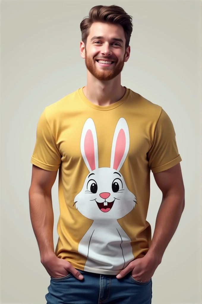 A guy wearing a t shirt write- Bunny