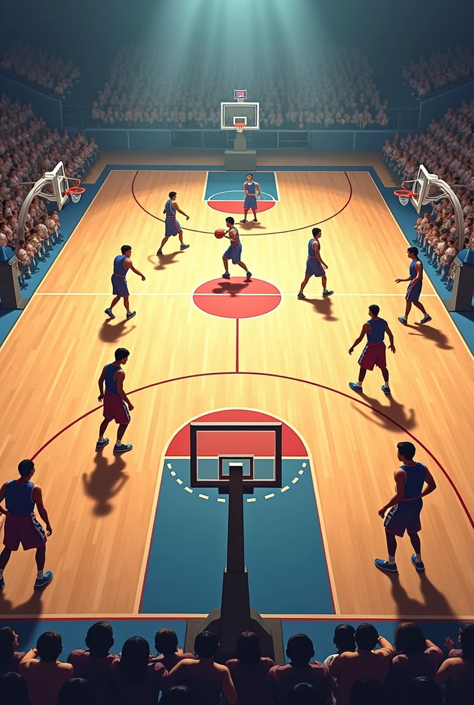 An image of two teams on a court. Each team has a half of the court and each has a cone in each goal.