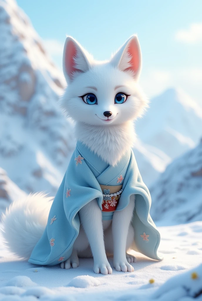 Belle renarde blanche, elle a deux beaux yeux bleus et son pelage est blanc. Elle porte un kimono bleu clair. Elle est debout sur ses deux pattes arrière. Elle est dans des montagnes enneigé, elle sourit. Style Photorealiste