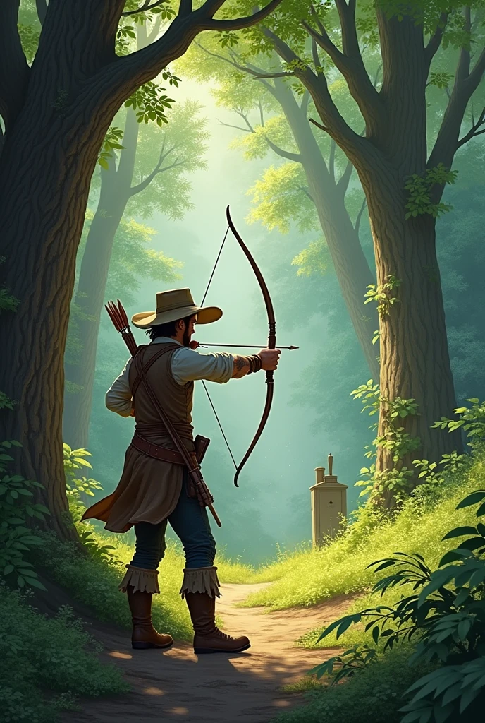 Country drawing in the forest, shooting with bow and arrow 