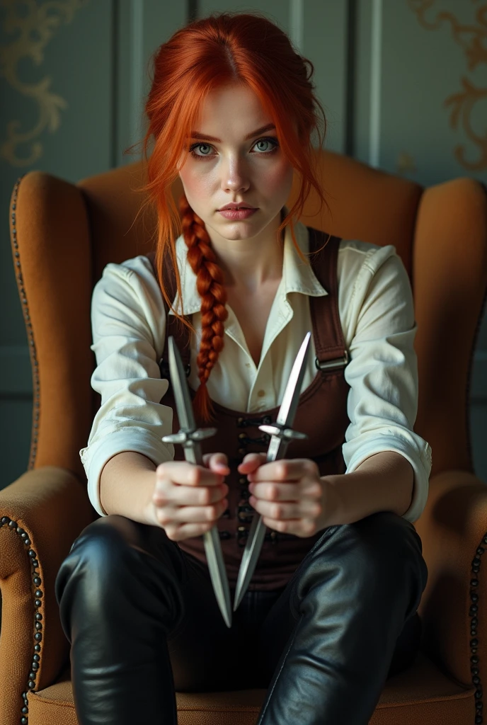 Create a beautiful red-haired woman with light blue eyes who is sitting in an armchair playing with two daggers, She should have her hair tied back in a single braid on one side and be dressed in a shirt and over that put a brown corset on her, that he has black leather pants and has knee-high boots. 