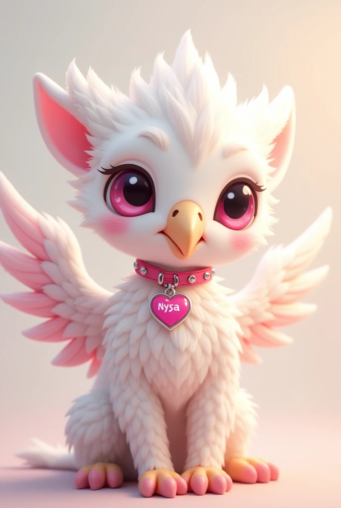 I want you to create a picture of a baby albino eagle-beaked griffin with pink Harry Potter eyes and wearing a pink collar with a heart with the name Nysa on it.