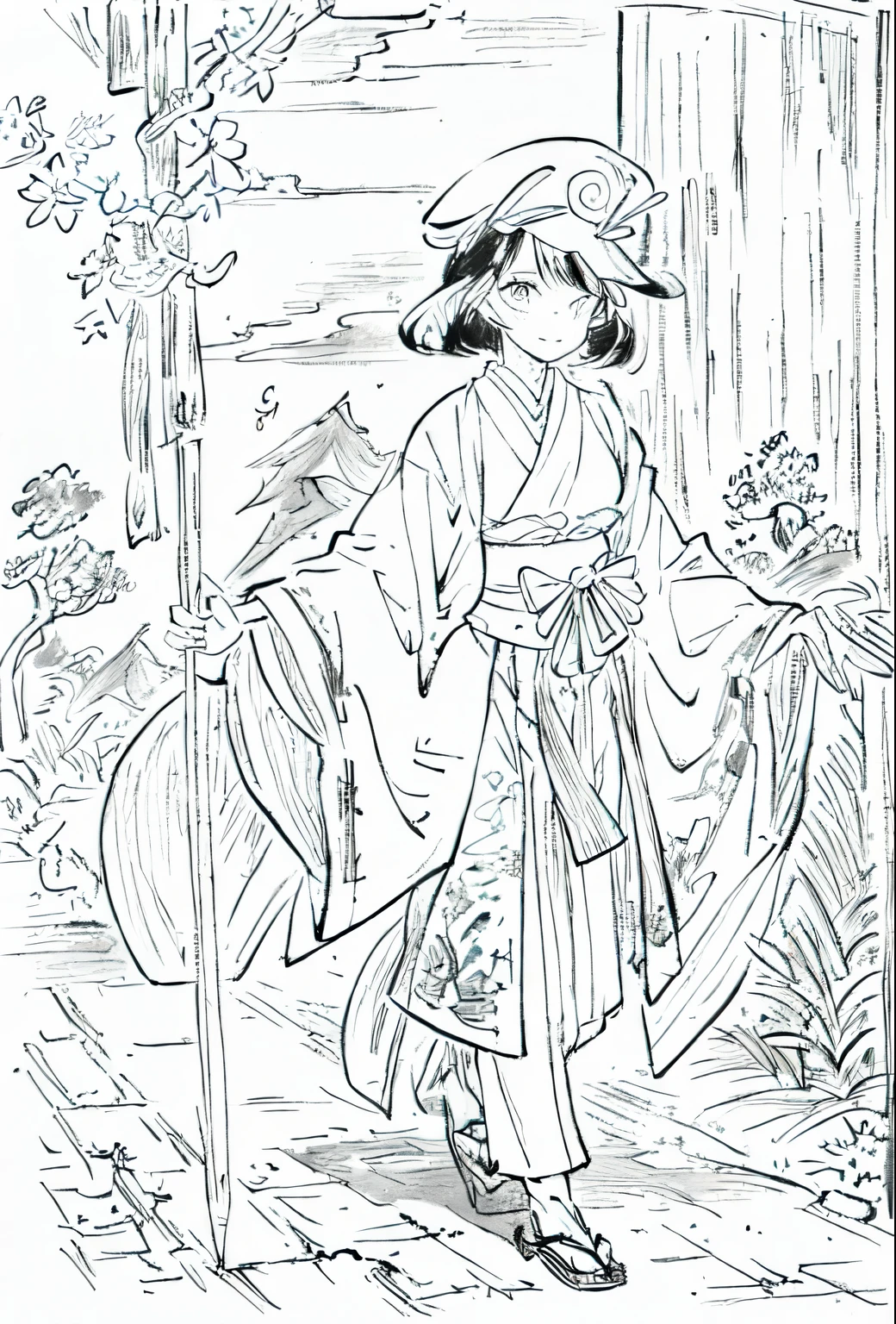A painting of a costumed woman holding a hat and a walking stick, pencil and Ink Manga, by Junpei Sato, By Yuki Ogura, Beautiful line art, Pencil and ink cartoon, Masamune Shirowのスタイル, Masamune Shirow, Ink Manga, By Hideyuki Kikuchi, Very detailed fan art