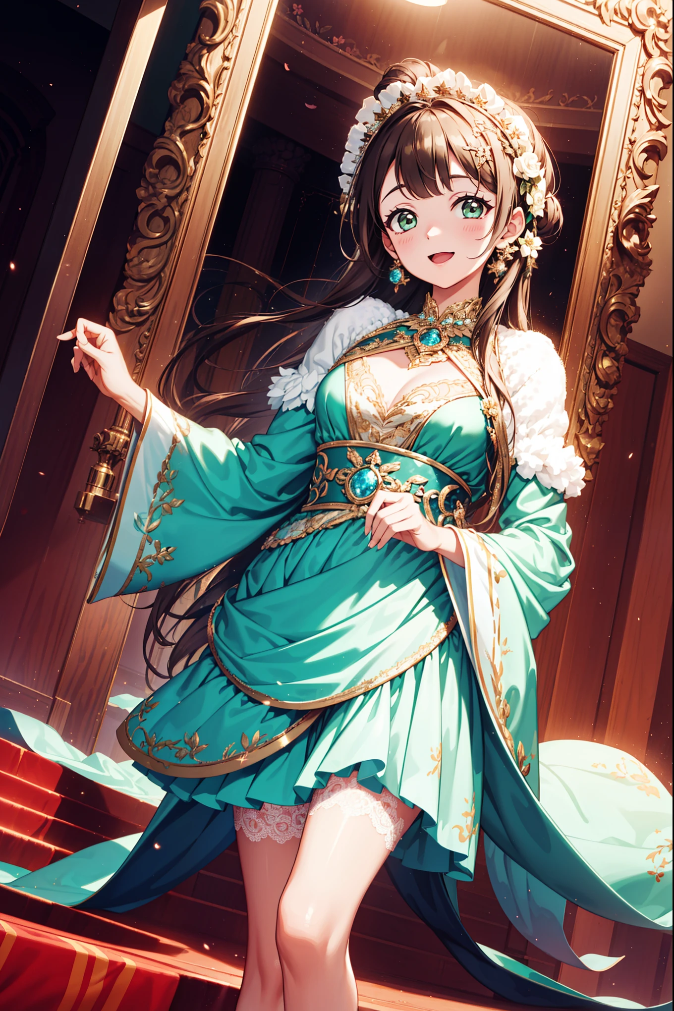 saints，Obsessed，Having fun，in love，Transparent palace princess dress，Super Detail，(Beautifully dressed:1.3),Movie Lighting,Green tint，Ruffles，Lace，Jewelry，Floral Decoration，Fabric and metal headdress，In the room，Alone，