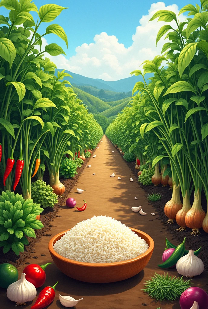 Create a painting of a vegetable garden for making fried chicken with sticky rice using the following plants: chili, coriander, onion, garlic, and sticky rice.