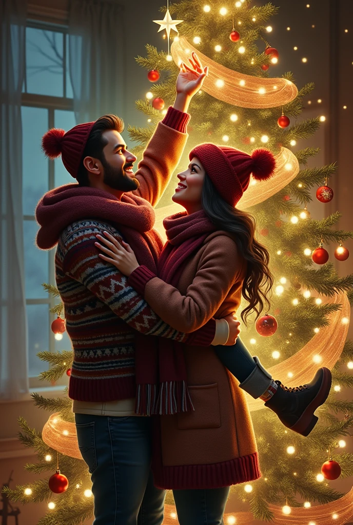A couple wearing Christmas clothes with a Christmas tree next to them. He is carrying the girl so that a star appears at the top of the Christmas tree. High detail drawing.