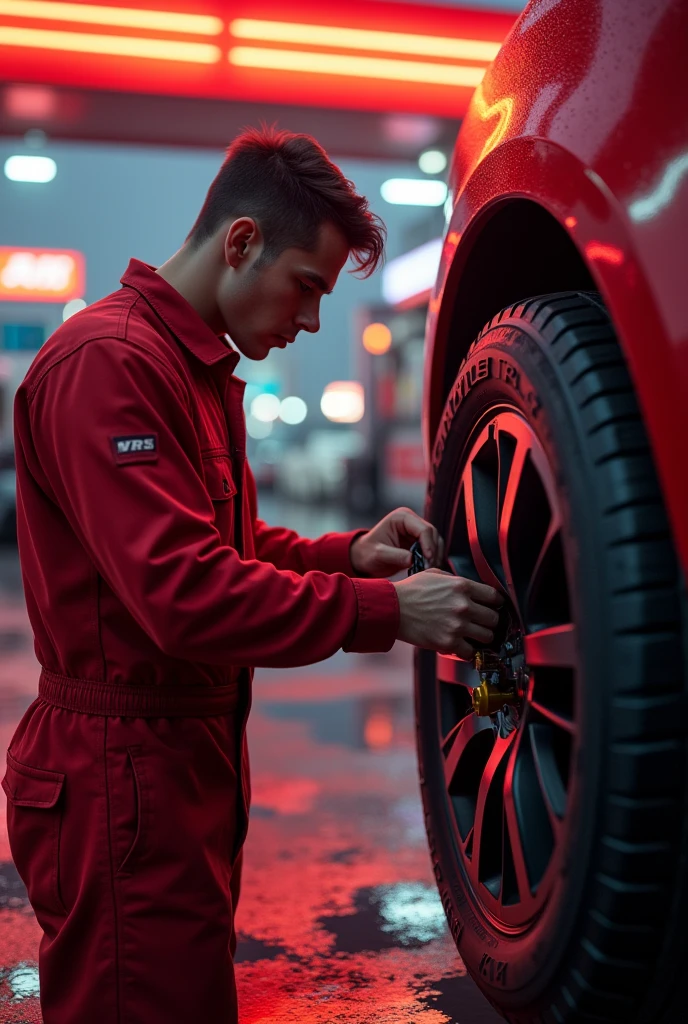 photo calibrating a tire at a gas station in red colors