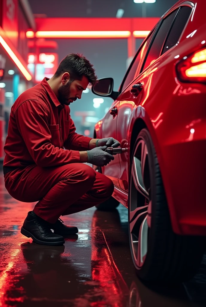 photo calibrating a tire at a gas station in red colors
