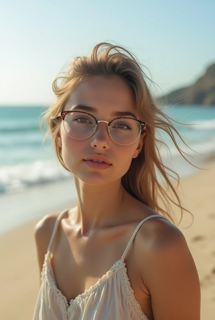 Realistic photo of a girl, dark blonde hair, eyes browns, with thin glasses, and she is on the beach