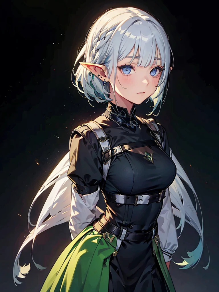 whole body、Black background with spotlight, Long eyelashes, Green clothing、beautiful girl,　Pointed Ears、Elf、Silver Hair、blue eyes、Braided shorthair