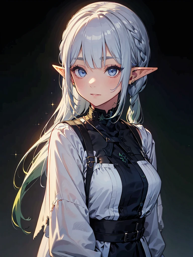 whole body、Black background with spotlight, Long eyelashes, Green clothing、beautiful girl,　Pointed Ears、Elf、Silver Hair、blue eyes、Braided shorthair