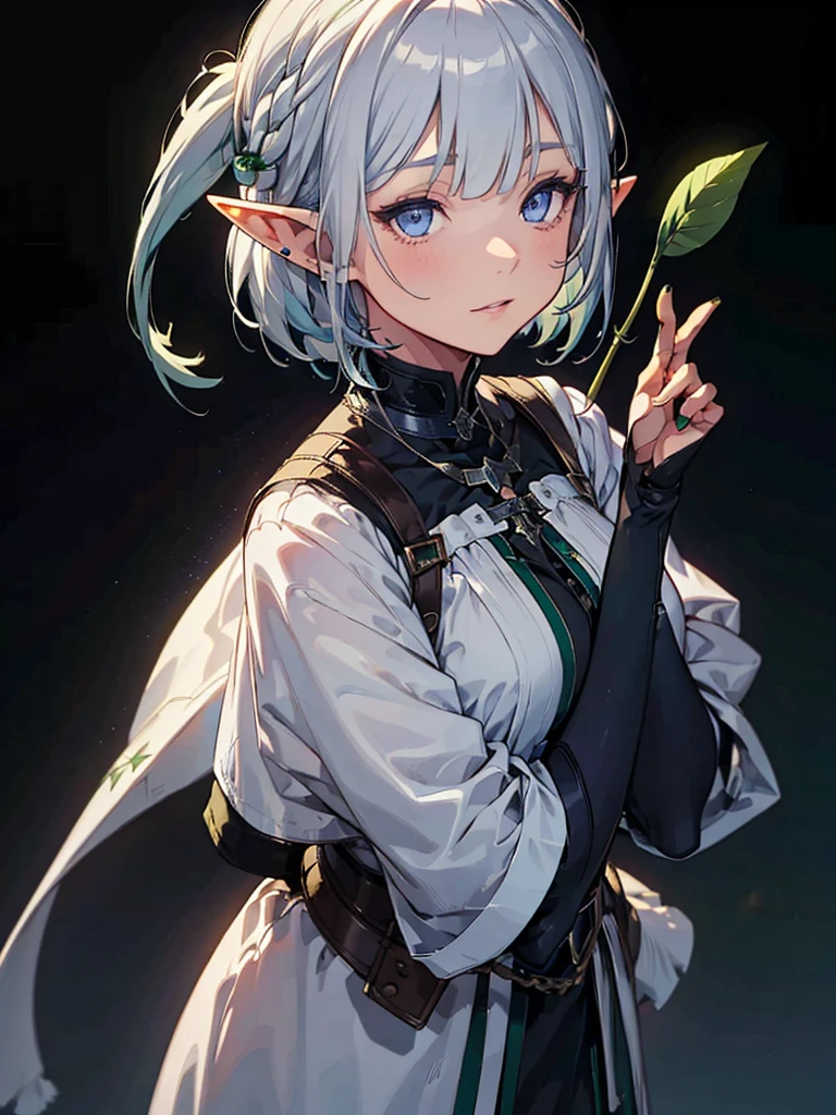 whole body、Black background with spotlight, Long eyelashes, Green clothing、beautiful girl,　Pointed Ears、Elf、Silver Hair、blue eyes、Braided shorthair