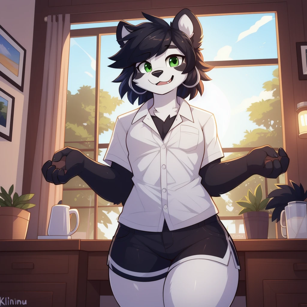 panda, mascle, femboy, female body, Fine body, feminine appearance, thick-thighs, big-ass , mini shorts , camisa de academia curtinha , Bblack hair ((dyed hair)) , white body, greeneyes, short messy hair, penthouse apartment , cozily
, Detailed lighting, detailed shading, work of art , aroused face , sexy pose , flushed , smitten , body detailed , (by Kilinah, de Coffeesoda, by hioshiru, by Kilinah), frontal camera, from front view, stretch