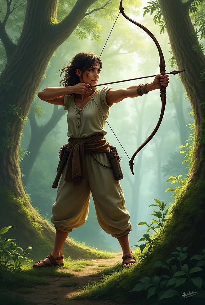 Drawing of a country woman in the forest, shooting with bow and arrow