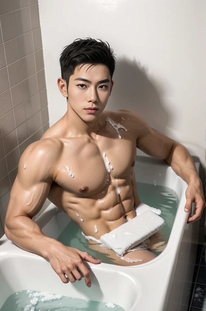 aiden,1 Asian muscular male, lying in the bathtub, filled with a lot of soap foam in bathtub, his half under body part is under the soap foam