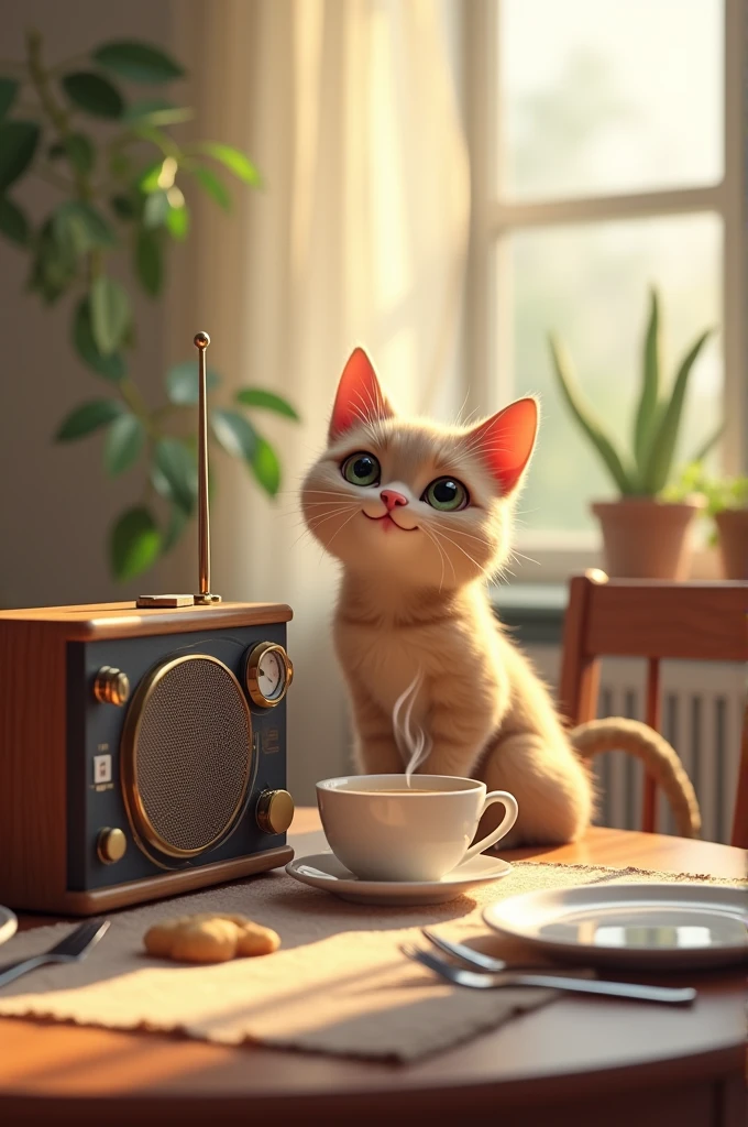 A smiling cat faces a radio next to a breakfast table on a new day