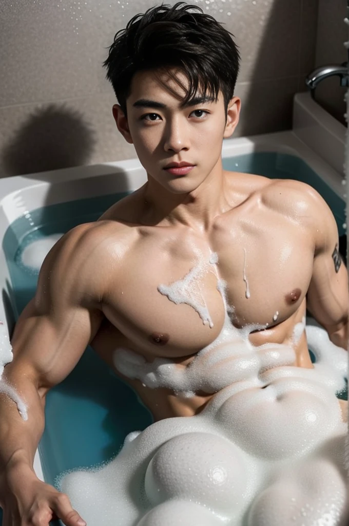 aiden,1 Asian muscular male, lying in the bathtub, filled with a lot of soap foam in bathtub, his half under body part is under the soap foam 