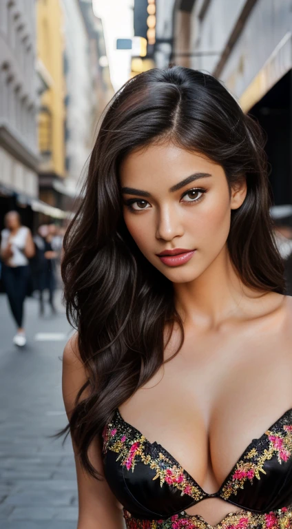 Stunning Gorgeous model, ultra realistic photo, highly detailed face, A Gorgeous girl with a (dark brown hair) , wavy hair , shoulder-length hair , luxuriant eyes lashes ,brown lips , delicate nose and lips ,slim figure,medium breast ,(sexy),looking at camera , very detailed face ,(best quality, masterpiece ), ((Full body photoshoot)),(realistic, photo-realistic:1,37), top quality, masterpiece,(( A beautifull model,realistic ,35mm Vintage photo of, a supermodel with black hair, asian)), ((on red carpet surrounded by aggressive paparazzi)),(( wearing black fashionable dressed )),beautiful and toned body, cleavage, evening time photoshoot, evening atmospheres ,( seductive smiles with dimples ), (perfect body ) , full body shot, extremely detailed realistic photography (extremely detailed CG 8 k wallpaper), (an extremely delicate and beautiful), (masterpiece), (best quality:1.0), (ultra higher:1.0),  beautiful lighting ,perfect lightning, realistic shadows, [higher], detailed skin, ultra-detailed (((colorful))),high realistic, ,(super cute face) supermodel , masterpiece, best quality, high quality,(delicate eyes and lips ), random poses ,(slim figure) white skin , perfect full body shoot, Kodak photo,(full body shoot), movie style, dramatic scenes, best quality, blurry background   ,best quality ,masterpiece high quality HD quality 