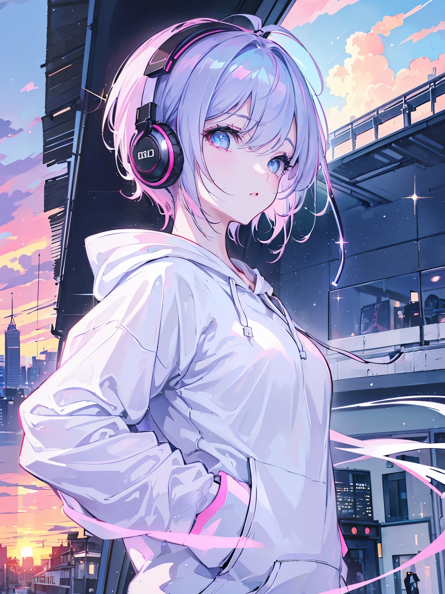 masterpiece, Highest quality, One Girl, Pink and blue hair, Mouth closed,, View your audience, , short hair, Sunset alone, Upper Body, ((Wearing a plain white hoodie)) 、((White headphones worn on ears)),moderate bust、German descent、Urban Background,Large Breasts,1 girl,((Sparkling Eyes))