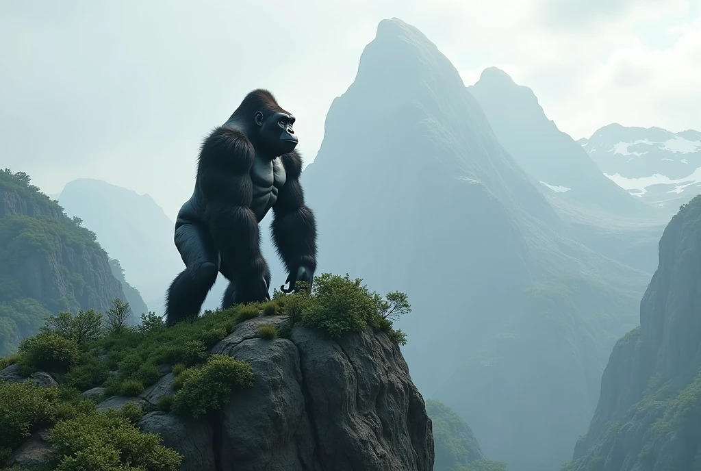 Create a stunning, hyper-realistic, AI-generated artwork of a gorilla in its natural habitat, positioned at the top of a mountain range. The gorilla should be depicted in a commanding and majestic pose, showcasing its powerful build and expressive features.

The scene should feature multiple mountains in the background, creating a dramatic and expansive landscape. The sky should be overcast with clouds, adding a sense of atmosphere and depth to the scene. The surrounding vegetation should be lush and green, reflecting a rich, verdant environment.

Include details such as the gorilla’s textured fur, the rugged terrain of the mountain, and the dense foliage. The lighting should be soft and diffused, reflecting the cloudy sky and emphasizing the gorilla’s presence amidst the mountainous backdrop.

The style should be hyper-realistic yet artistic, focusing on the gorilla’s imposing stature and the natural beauty of its mountainous habitat. The final artwork should be high-resolution and visually striking, capturing the grandeur and serenity of the gorilla in its elevated, natural setting.