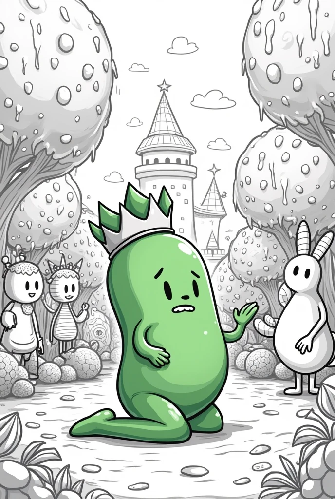 About Rei Lim, a green jelly bean with a crooked crown, is kneeling with a sad and regretful expression. Ao redor dele, the villagers, sweets of different shapes and colors, are free and celebrating. Caramel is next to the King, extending your hand as a gesture of friendship. The setting is the courtyard of the jelly bean castle, with jelly walls and lollipop trees in the background.crie uma imagem em preto e branco, it&#39;s a coloring page, in cartoon style
