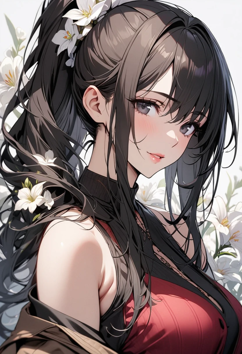 girl, mature,  black eyes, black hair, long hair, white flower, beautiful eyes, beautiful color, ponytail, high detail