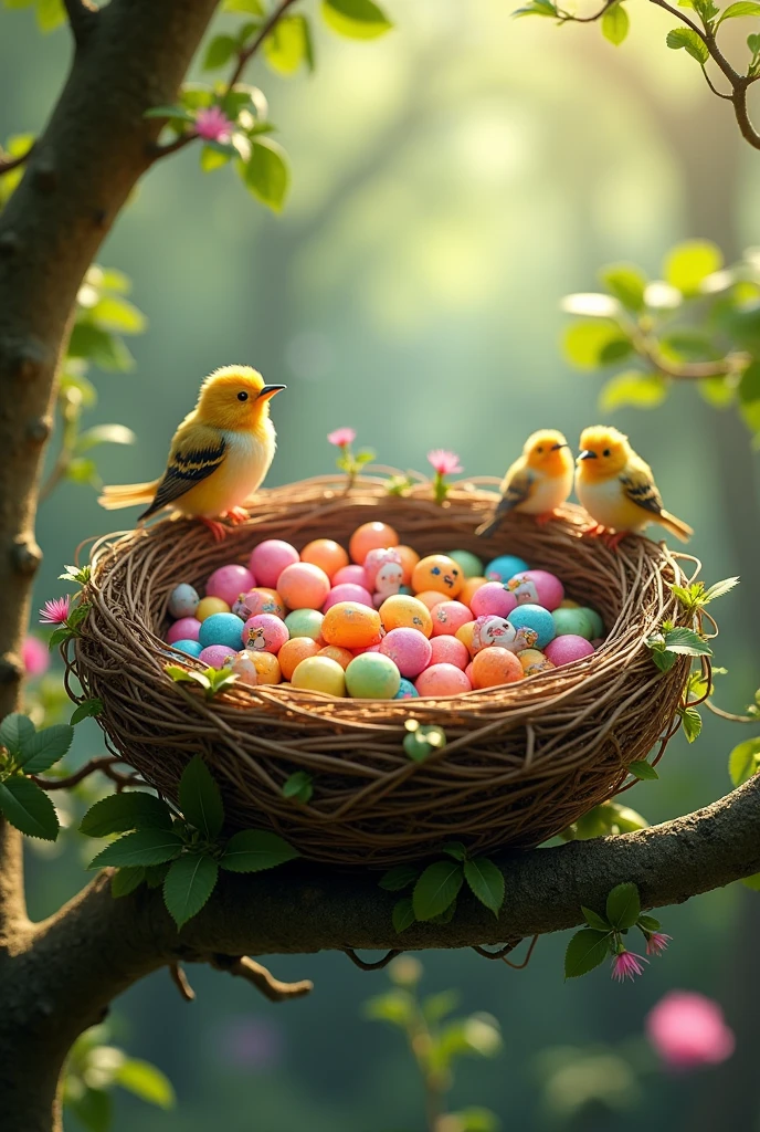 Imagine a bird's nest, but instead of eggs, it's filled with colorful, capsule-shaped toys. These could be from various gachapon machines, with different characters or themes. The nest might be made of twigs, leaves, and perhaps even a few gachapon capsules themselves.