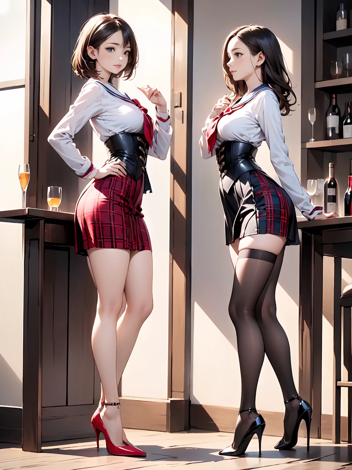 (masterpiece:1.3),(best quality, highest quality),((Full Body Shot,Including face)),1girl,Standing position,4K,masterpiece,((Focus on the face)),((Symmetrical facial features)),Beautiful woman,slender,Beautiful feet,((High heels)),Detailed depiction of the face,bar counter,uniform,Realistic,profile,Corset standing diagonally,red plaid skirt,Sailor suit