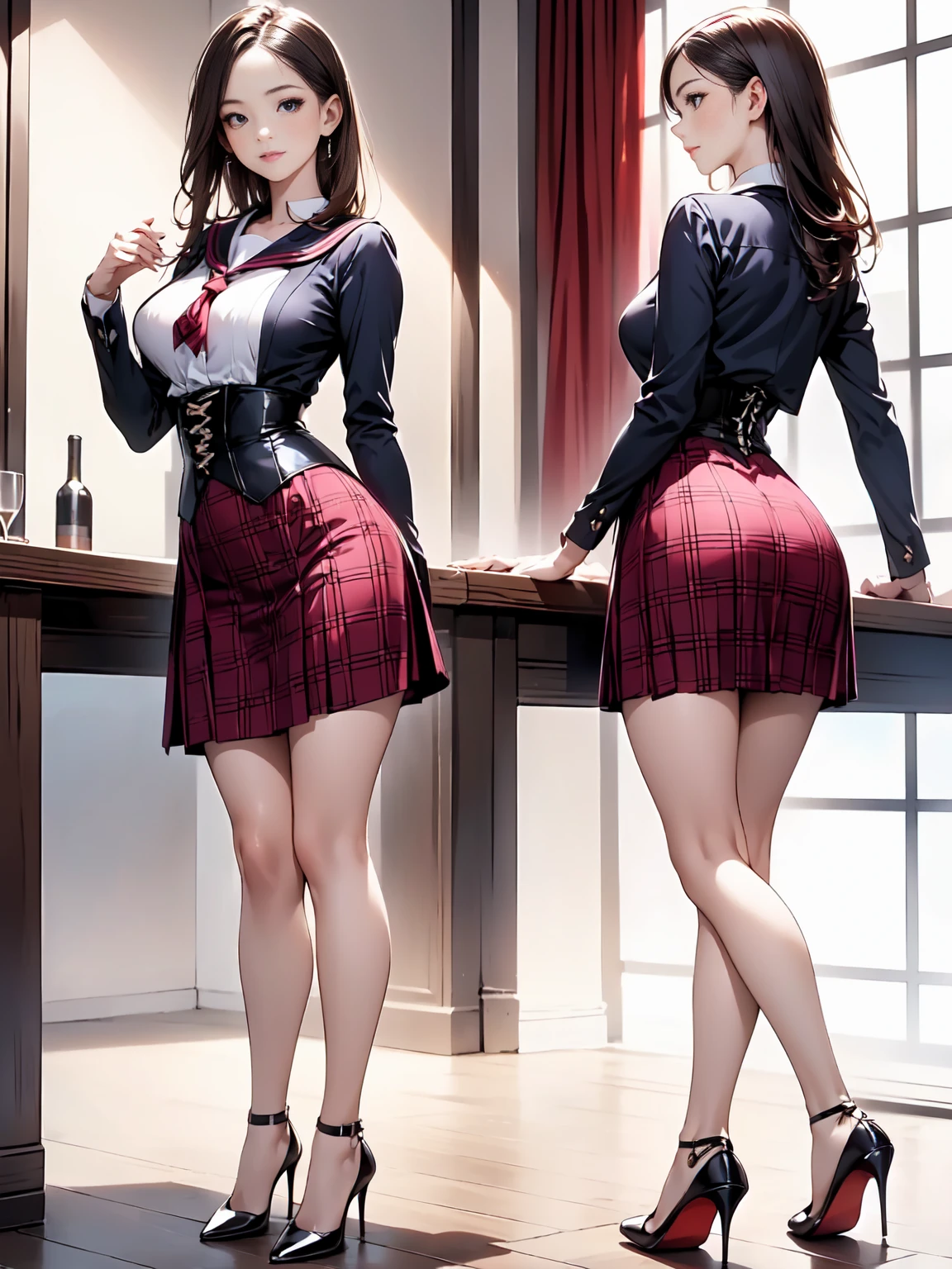 (masterpiece:1.3),(best quality, highest quality),((Full Body Shot,Including face)),1girl,Standing position,4K,masterpiece,((Focus on the face)),((Symmetrical facial features)),Beautiful woman,slender,Beautiful feet,((High heels)),Detailed depiction of the face,bar counter,uniform,Realistic,profile,Corset standing diagonally,red plaid skirt,Sailor suit