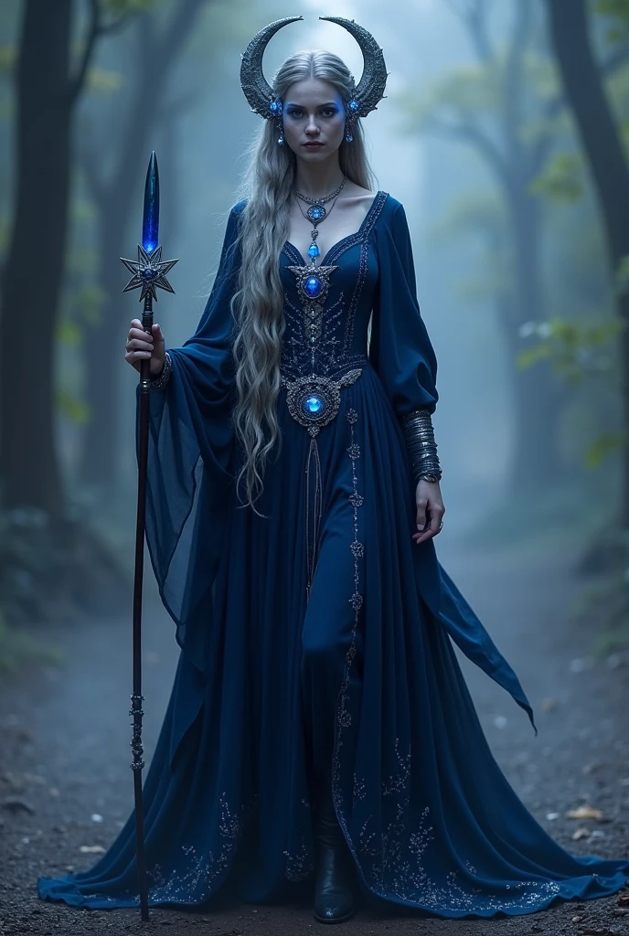 Physical Appearance:
Gender: Can be of any gender, as Azura's followers are diverse.
Complexion: Their skin tone could range from pale to dusky, often with an ethereal glow, reflecting Azura's connection to the twilight hours. Some might have a slightly bluish or purplish hue.
Eyes: Their eyes are often the most striking feature, with a luminous quality. They might be a deep, starry blue, violet, or even silver, resembling the twilight sky or filled with tiny sparkles, symbolizing Azura’s influence.
Hair: Long and flowing hair, often in shades of black, silver, or deep blue. Some might choose to adorn their hair with small crystals or beads that catch the light, emulating the stars.
Build: Lean and graceful, with an air of elegance. Their movements are fluid, almost as if they glide rather than walk.
Clothing and Armor:
Robe/Armor: A worshiper of Azura typically wears robes or light armor in colors that mirror the twilight. Deep blues, purples, and silvers are common, often adorned with star or crescent moon motifs. Their attire might be made of luxurious fabrics, like velvet or silk, with flowing sleeves and hoods that cast shadows over their faces.
Jewelry: They often wear delicate silver jewelry, including crescent moon earrings, star-shaped pendants, and bracelets encrusted with sapphires or moonstones. A prominent piece would be an amulet of Azura, featuring the Daedric Prince's star symbol.
Footwear: Soft, leather boots or sandals that allow them to move silently, as if they are part of the twilight itself.
Accessories and Symbols:
Staff/Dagger: They might carry a staff or dagger that bears Azura’s symbol. The staff could be topped with a glowing crystal, representing Azura’s influence over magic and prophecy.
Cloak: A long, flowing cloak, dark as night, that billows as they walk. It might have intricate patterns stitched into it, representing constellations or phases of the moon.
Face Paint/Tattoos: Some worshipers might have facial markings or tattoos in the