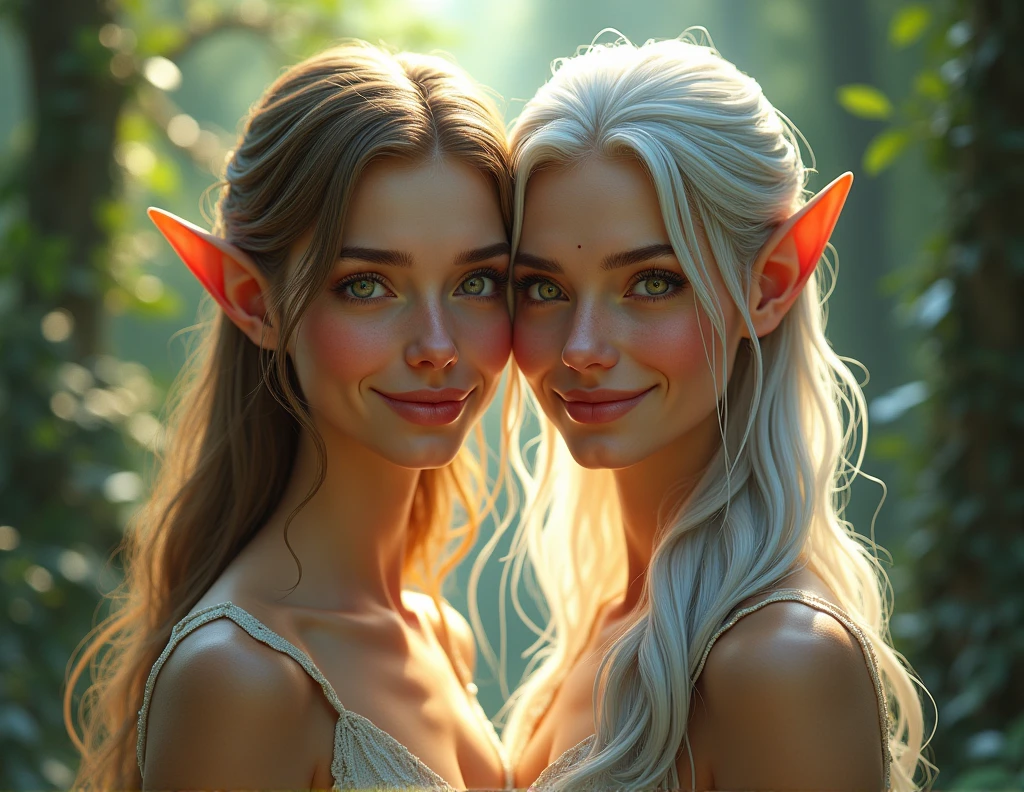 A captivating image featuring a beautiful elf woman depicted in two versions, side by side in the same photo. On the left, she appears young with smooth, radiant skin, long flowing hair, and a vibrant, youthful glow. On the right, she is older, with graceful silver hair, gentle wrinkles, and an air of wisdom, yet still radiating beauty. Both versions of the elf woman are looking directly at the camera, smiling warmly, capturing the essence of her timeless nature. The background is a serene, enchanted forest bathed in soft, ethereal light.