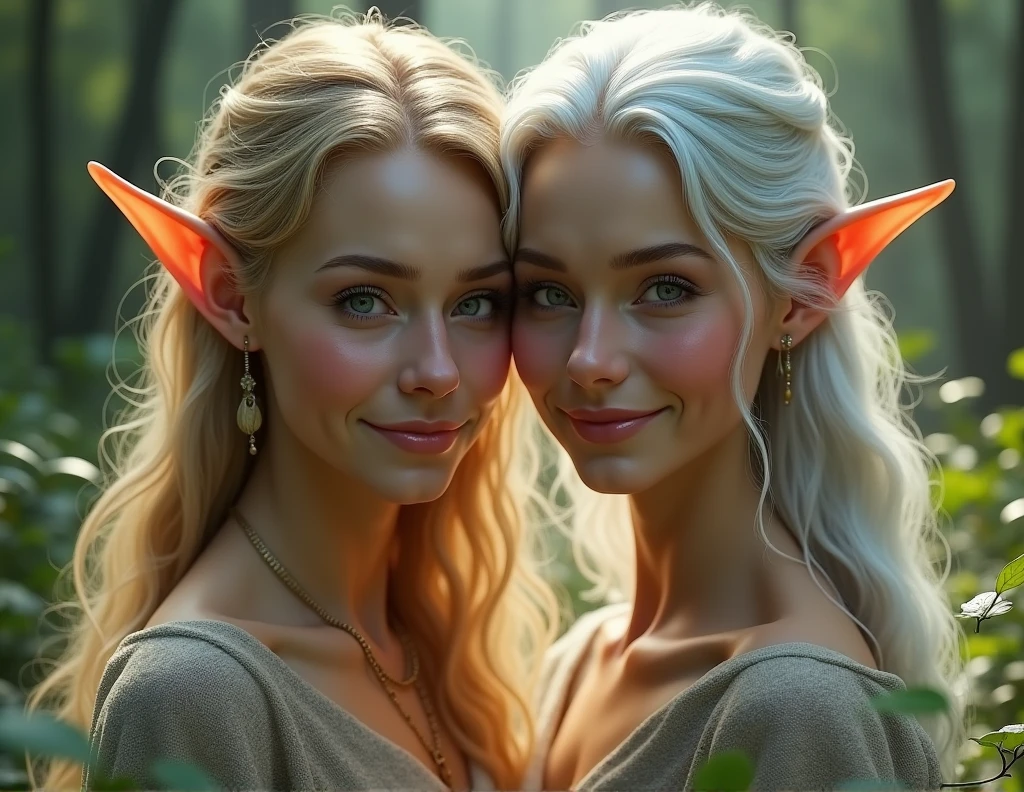 A captivating image featuring a beautiful elf woman depicted in two versions, side by side in the same photo. On the left, she appears young with smooth, radiant skin, long flowing hair, and a vibrant, youthful glow. On the right, she is older, with graceful silver hair, gentle wrinkles, and an air of wisdom, yet still radiating beauty. Both versions of the elf woman are looking directly at the camera, smiling warmly, capturing the essence of her timeless nature. The background is a serene, enchanted forest bathed in soft, ethereal light.