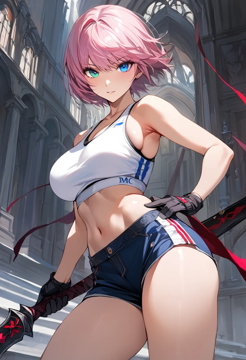 (masterpiece, best quality:1.2), lady, dmc, dmc4, slim body, white sports bra, 1girl, solo, heterochromia, blue eyes, blue eyes, pink hair, short hair, striped, shorts, weapon, black gloves, big breasts,