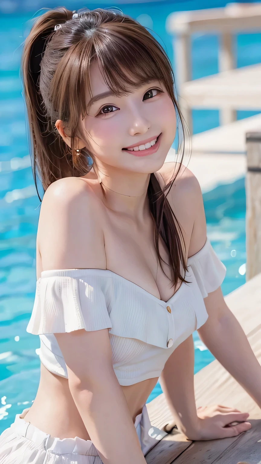(Ultra-high quality, DSLR shot, 8k, highest quality, high resolution, best quality, highest resolution, very beautiful woman, perfect anatomy), bright brown eyes, very bright brown eyes, small diamond-shaped earrings, looking directly at the camera, beautiful brown hair, ((, loose and cute medium ponytail)), very short and beautiful bangs on brown hair, E-cup bust, modest neckline, beautiful 20-year-old, lip gloss, smiling very happily, very cute smile, upper teeth, beautiful teeth, (random beautiful summer sea or pool horizon (background only)), slightly larger eyes, small face, tall supermodel, beautifully shaped model, random cute pose, dynamic angle, eye focus, head tilt, very detailed and realistic, very beautiful 20-year-old, ((medium shot)), sharp jawline, off-shoulder top outfit, deep waistline, sexy legs, side view, smiling very joyfully, laughing, summer noon.