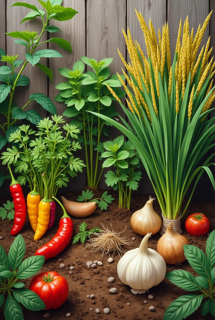 Create a painting of a vegetable garden for making fried chicken with sticky rice using the following plants: chili, coriander, onion, garlic, sticky rice plants.