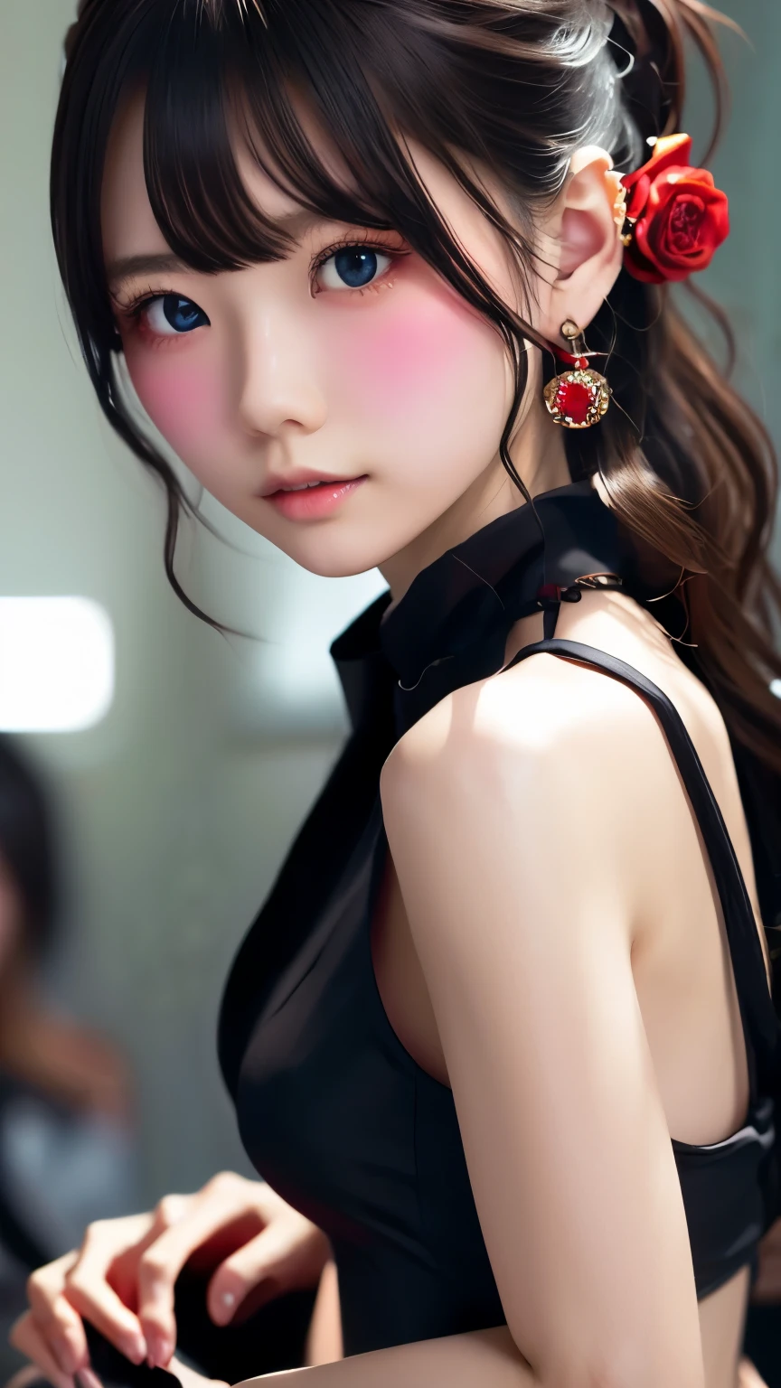 (((blurred background、Watercolor style background)))、one girl、１６talent、anatomy、Pale pink eyes、Loosely braided low ponytail、light pink hair、small breasts、black dress open neck dress、sheer lace dress、Translucency、random pose、highest quality、High resolution、High resolution、cinematic lighting、professional photographer、