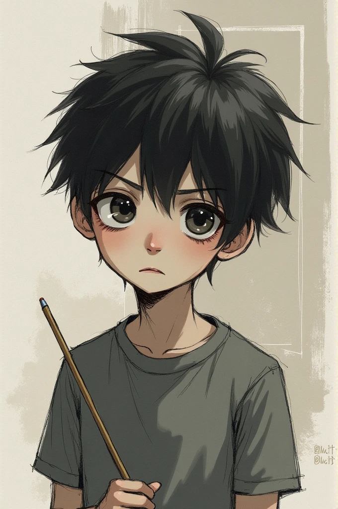 A boy with black hair, about 1, look sad, drawing style