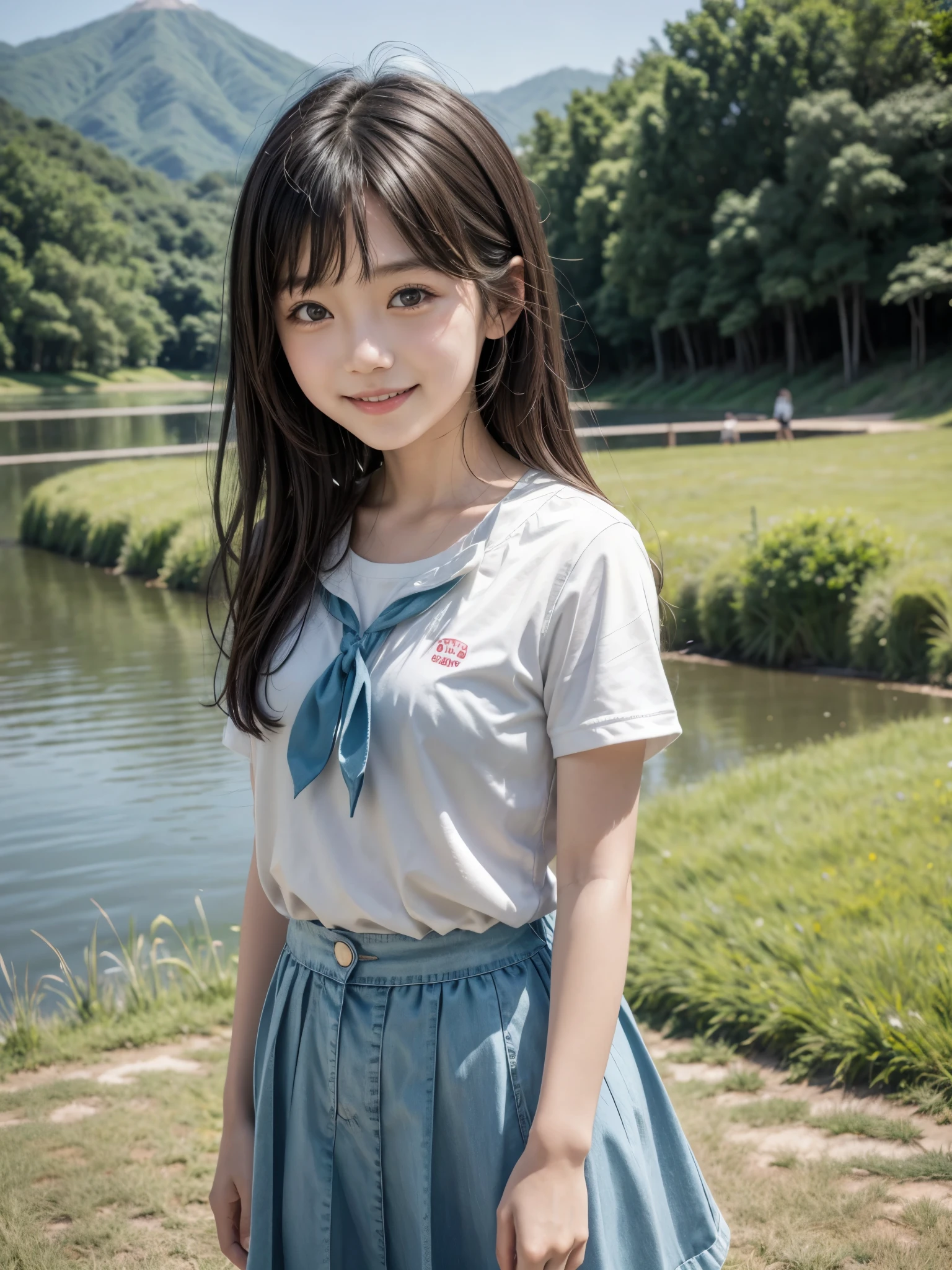 Japanese, , casual clothes, grassland, lake, smile, hot summer