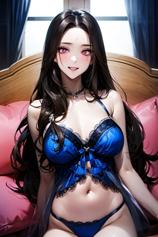 Nezuko Komado, realistic depiction, elegant appearance, pale and shiny skin, black hair, ((pink eyes)), full lips with lip gloss, subtle eyeliner and mascara, light blue eyeshadow, pink and light blue monochromatic color scheme, soft lighting, Cleavage, huge tits, lingerie, thigh highs, from below), looking at viewer, (arms behind back)
