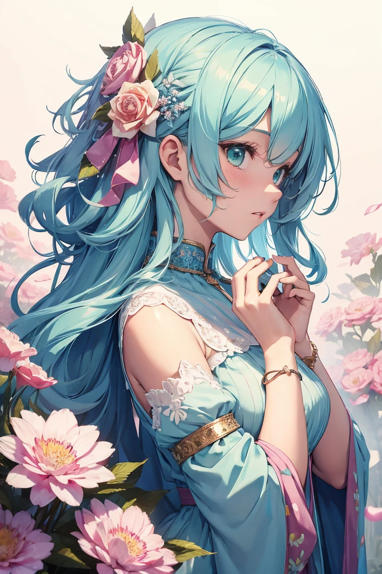 Prompt: 1girl:1.3, kawaii girl, (pastel color digital art:1.3), middle hair, curly hair, loose hair, big hair, dense hair, pale blue hair, green eyes, fantasy intricate clothes, engraving, craftsmanship, (flowers, petals), enticing art pose, psychedelic, fractal, absurdres, highres, ultra detailed, from side,